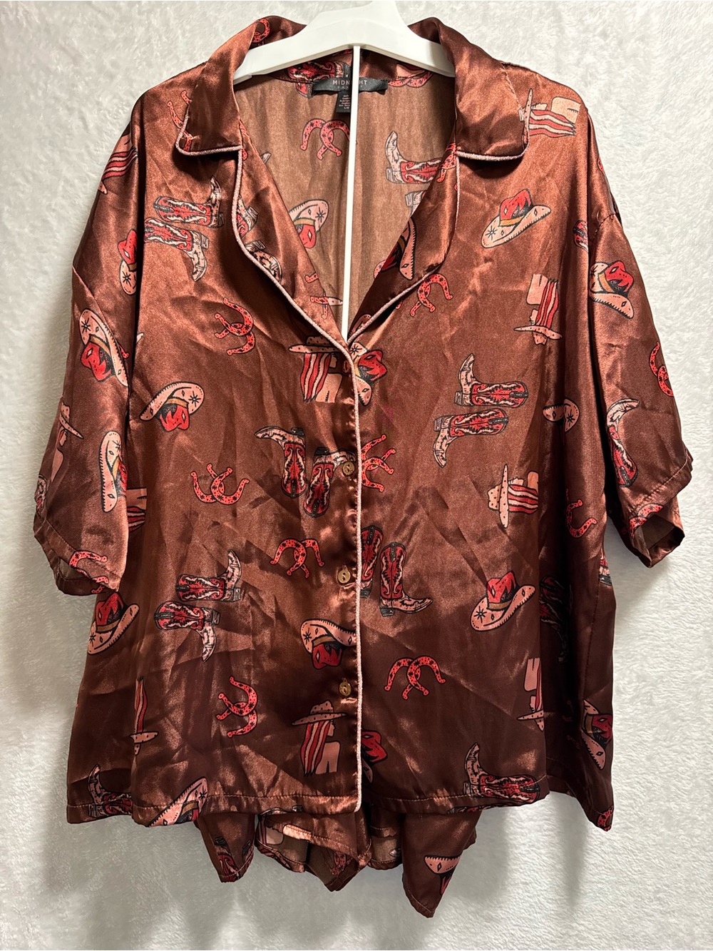 Satin Cowgirl-Print Short Pajama Set - Brown